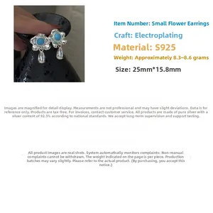 Detail of S925 sterling silver flower earrings with turquoise beads measuring 25mm x 15.8mm