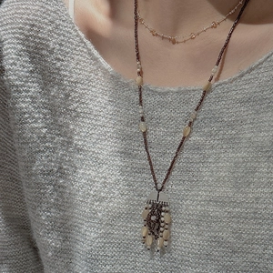 925 silver beaded long tassel necklace with brown cat-eye stones for autumn sweaters