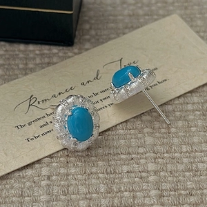 Elegant S925 sterling silver turquoise stud earrings with brushed petal texture finish