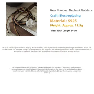 Detailed view of S925 sterling silver elephant pendant with dual-tone woven cord necklace