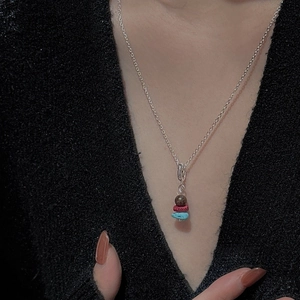 S925 sterling silver necklace with three-tier colorful vintage stone beads pendant