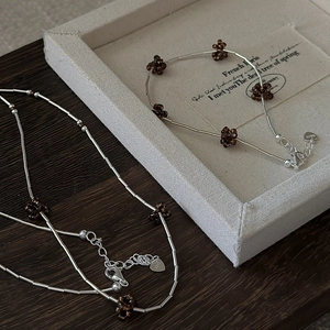 Retro S925 sterling silver beaded bracelet and necklace set with brown floral accents