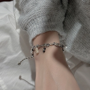 Handmade S925 silver braided rope bracelet with black and white beads for women