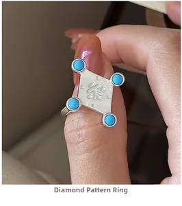 Detailed close-up of a rhombus silver ring with turquoise stones and Tea character