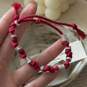 S925 Sterling Silver Red String Bracelet For Women Minimalist Hand-Woven Adjustable Cord Bracelet With Spiral Metal Beads