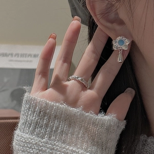 S925 sterling silver flower earrings with turquoise stones and textured ring set