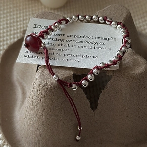 Minimalist S925 sterling silver woven red rope bracelet with dark red center bead