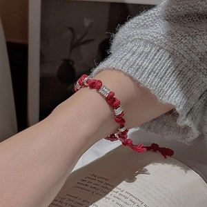 S925 sterling silver red rope bracelet with silver textured beads for women
