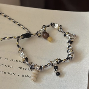 Handcrafted S925 sterling silver woven bracelet with retro nomadic rope and ethnic beads