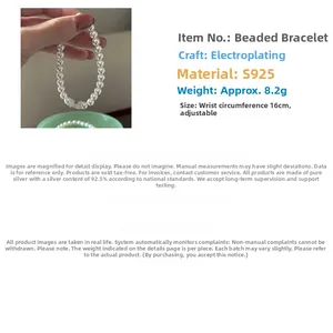 Détail du bracelet en perles argent sterling S925 avec bande élastique réglable de 16cm