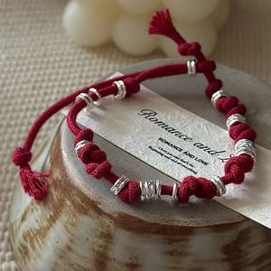 Minimalist S925 sterling silver red woven bracelet with silver rings and tassels