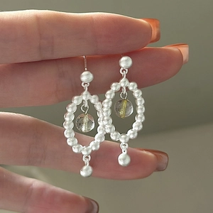 Boucles d'Oreilles Pendantes Ovales Perlées en Argent Sterling 925 Vintage pour Femmes Bijoux Géométriques Minimalistes Avec Perle Transparente