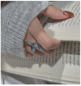 Detailed shot of retro S925 silver ring with turquoise inlays on a diamond-shaped surface