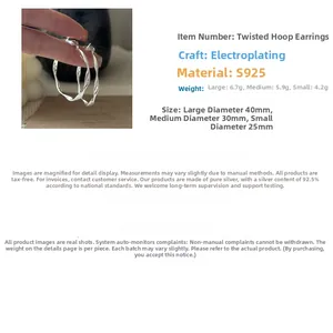 Detailed size comparison of twisted S925 sterling silver hoop earrings in 25mm 30mm 40mm