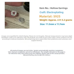 Detail view of S925 sterling silver hollow spiral earrings with precise dimensions