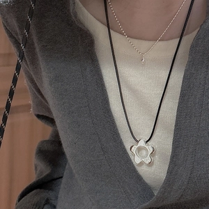 925 Sterling Silver Hollow Flower Pendant Necklace For Women Black Cord Double Layer Chain Korean Style Fashion Jewelry