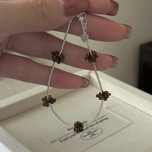 925 Sterling Silver Korean Retro Beaded Bracelet For Women Brown Flower Heart Pendant Elegant Minimalist Fashion Jewelry