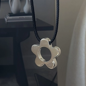 Modern S925 sterling silver five-petal flower pendant necklace with black cord strap