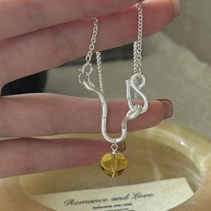 925 Sterling Silver Yellow Crystal Pendant Necklace For Women Irregular Wave Wave Geometric Clavicle Chain Korean Style Jewelry