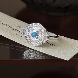 Retro S925 sterling silver ring with blue turquoise stone and ethnic floral engravings