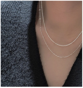Close-up of double-layer S925 sterling silver layered necklace on model neck
