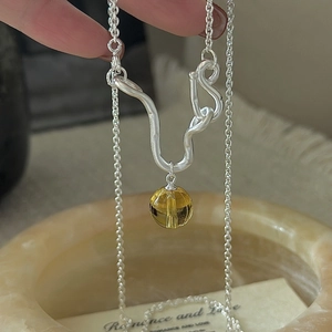 S925 sterling silver necklace with irregular matte silver pendant and yellow crystal bead