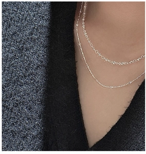 Close-up of double-layer S925 sterling silver beaded necklace on model neck
