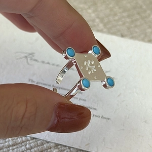 S925 sterling silver open ring with turquoise inlay and retro totem square design