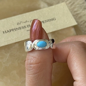 Retro 925 Sterling Silver Open Adjustable Ring For Women Simple Geometric Oval Artificial Turquoise Hammered Fashion Finger Jewelry