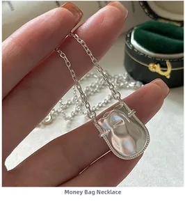 Détail du collier pendentif sac d'argent en argent S925 sur boîte à bijoux chic