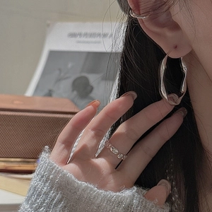 Minimalist S925 sterling silver twisted hoop earrings and textured ring set for women
