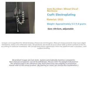 Detailed view of S925 sterling silver wheat pendant necklace with adjustable pull chain