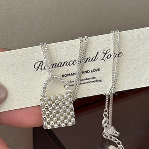 Collier Pendentif Mini Sac Tissé en Argent Sterling 925 pour Femme Bijoux de Chaîne de Clavicule Géométrique Rétro Minimaliste Coréen