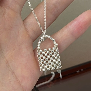 Collier en argent sterling S925 avec pendentif mini sac à main perlé pour femme