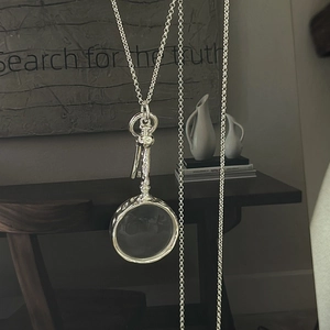 Retro S925 Sterling Silver Magnifying Glass Pendant Necklace For Women Korean Style Long Sweater Chain Hammered Key Design