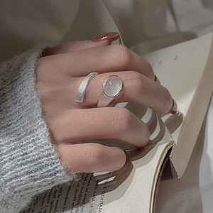 Retro S925 sterling silver ring set with oval moonstone and matte brushed finish