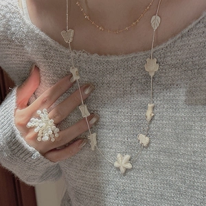 S925 sterling silver long sweater chain with animal charms and beaded flower ring set