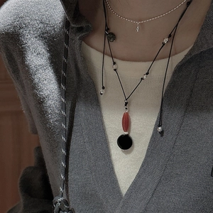 S925 silver double layer necklace with agate pendants and beaded chain for women
