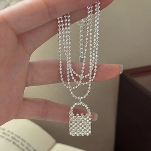 S925 sterling silver multilayer bead necklace with a unique woven bag-shaped pendant