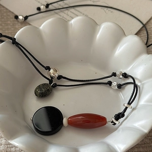 S925 sterling silver sweater necklace set with black agate and vintage stone pendants