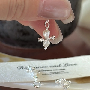 Handcrafted S925 sterling silver snowman pendant with baroque freshwater pearls