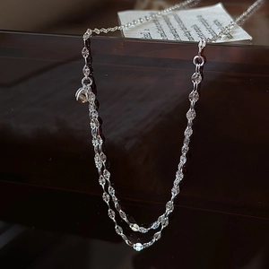 Minimalist S925 sterling silver double layer necklace with textured reflective discs