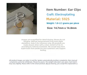 Macro view of minimalist S925 sterling silver ear cuffs with dimensions 14.7x14.8mm