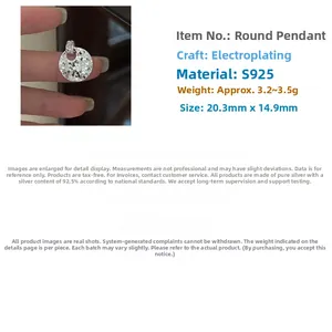 Macro view of S925 sterling silver round hammer-textured pendant with dimensions