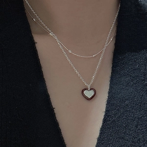 Double-layered S925 silver necklace with heart pendant featuring LOVE engraving