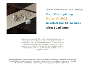 Detail view of 9mm S925 sterling silver ball earrings showing size and 6.6g weight