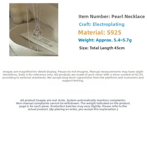 Detail view of S925 silver pearl pendant with 45cm chain specifications and weight info