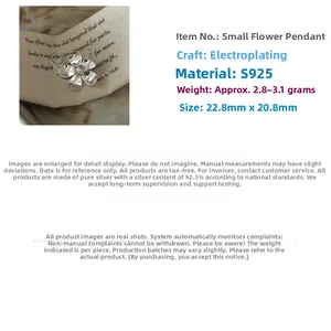 Macro detail of S925 sterling silver flower pendant showing brushed texture and size specs