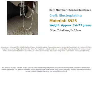 Close-up of S925 sterling silver rice bead necklace with polished electroplated finish
