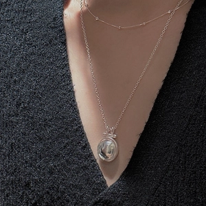 S925 sterling silver double-layered necklace with textured organic circular pendant
